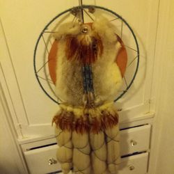 Dream Catcher 19" Diameter Rabbit Pelt Red Hawk Feathers 
