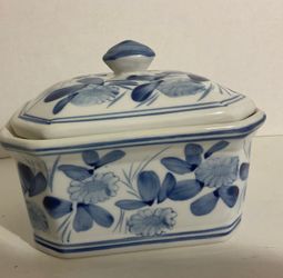 Porcelain Covered Decorative Box with Floral Motif - Blue and White