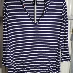 Navy and White Striped Hooded Tunic Top, size XL (0562)