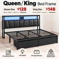 Queen / King Bed Frame with Storage Drawers, LED Lights & Charging Station – NEW