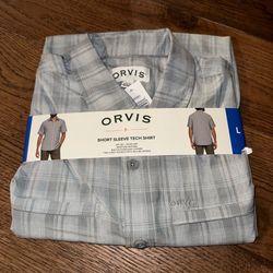 NWT Orvis Gray Plaid Button Up Short Sleeve Tech Shirt Mens L
