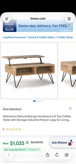 Watnature Hardwood Lift Top Coffee Table with Storage Industrial Hairpin Legs for Living Room