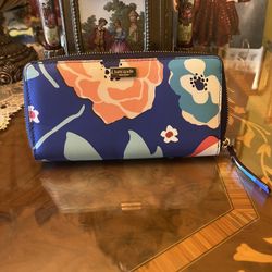 Brand New KATE SPADE ZIP CONTINENTAL LEATHER WALLET Newbury Lane Felix Cherry Floral Blue
