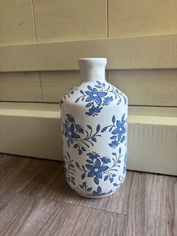 White Ceramic Vase with Blue Floral Pattern