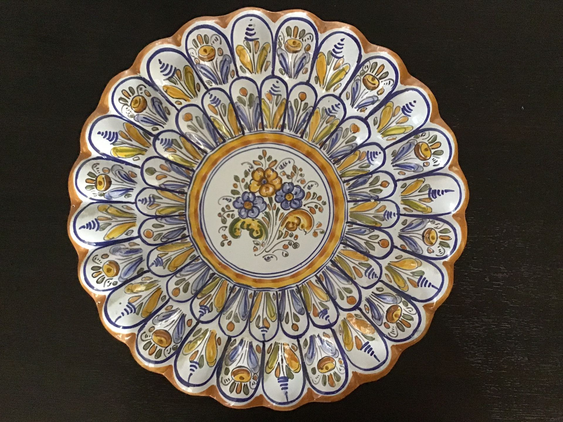 Signed Hand painted Spanish Talavera Faience Plate Polychrome Floral Motif 12 Inches