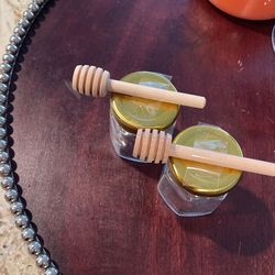 1.5 oz Glass Hexagon Jars Gold Lids Extra Wooden Honey Dipper Sticks