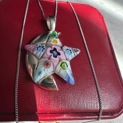 925 Sterling Silver, genuine Millefiori multi colors Star w/ moon necklace , hallmarked , handmade , 20in. 925 chain