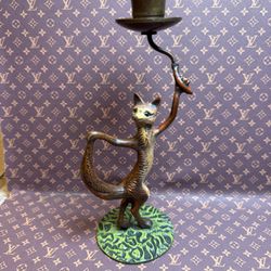 RARE VINTAGE Dancing Fox Holding Tail & Candle Stick Holder Green Base 7.5" Tall