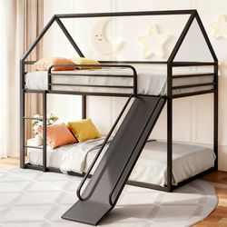 M289-Bunk Bed with Slide for Kids,Bunk Bed Twin Over Twin, Metal Junior House Low Bunk Bed, Toddler Floor Bunk Beds Frame with Guardrail for Kids, Con