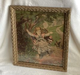 Vintage Children’s Print In Gold Frame. 18” By 16”. Girl With Dog