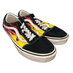 VANS OLD SKOOL FLAME PRINT BLACK CANVAS SNEAKERS MENS SIZE 10 JAZZ STRIPE GUM