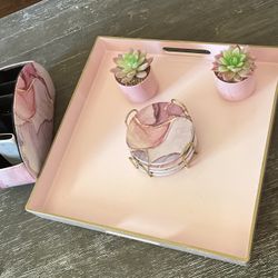 Tray, Remote Holder And 5 Coasters With 2 Artificial Mini Plants