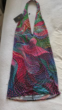 Brand New, Never Worn Multicolor Rhinestone Halter Dress – Size L 