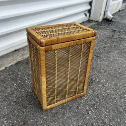 Tiny Boho Vintage Mid Century Wicker Rattan Small Flip Top Hamper Laundry Basket 14x9x20in