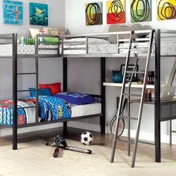 3 Beds Triple Twin L Shape Bunk Bed Frame Full Metal Silver Finish With Workstation