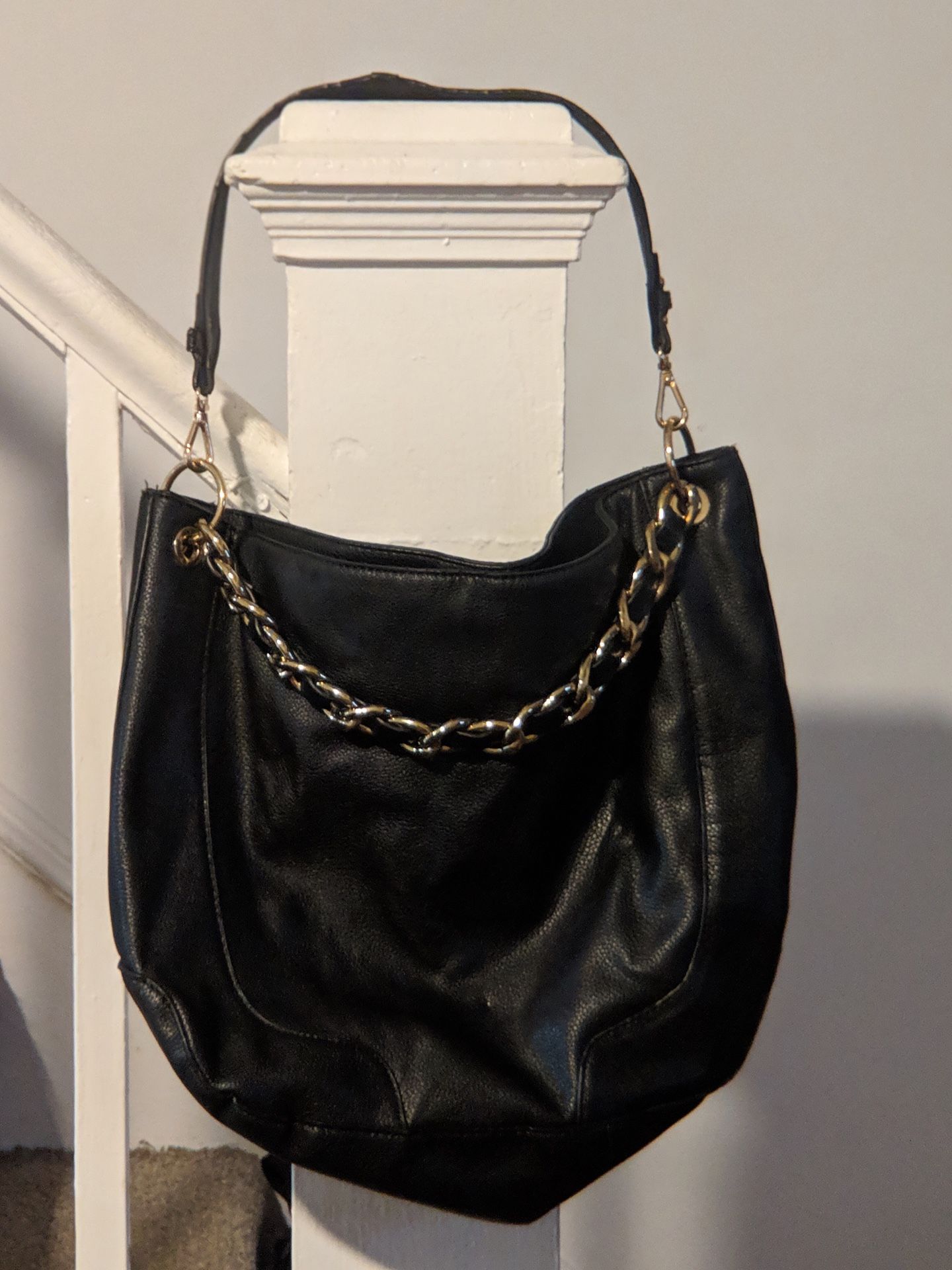 Faux Leather Hobo Bag with Chain Detail & Detachable Strap