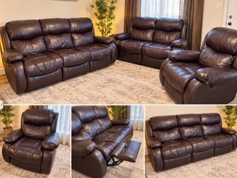 3-Piece Brown Leather Reclining Living Room Set – $500