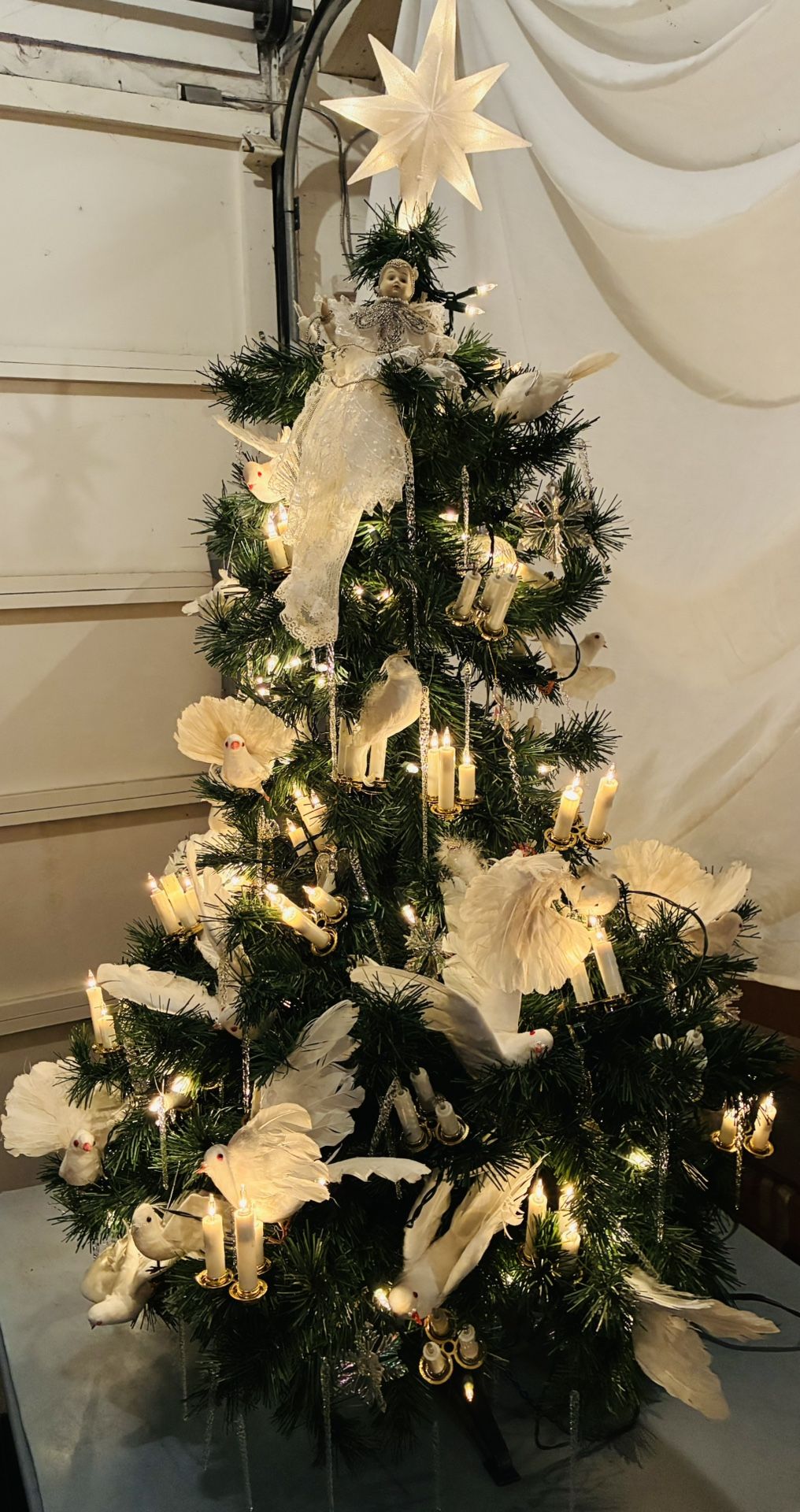 Christmas Tree,Artificial,Custom, Electric Candle Lights,Icicle Glass Ornaments,White Doves,Handmade Doll w/Dress,Lighted Star Top.