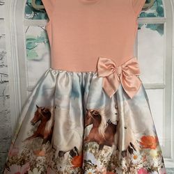Girls Size 8/10 H&M Flared-Skirt Dress Horses Flowers Butterflies