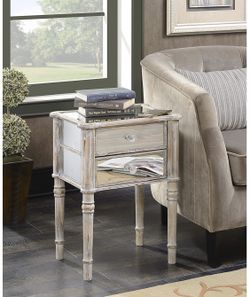 Weathered white mirrored end table/ side table/ nightstand with double drawers