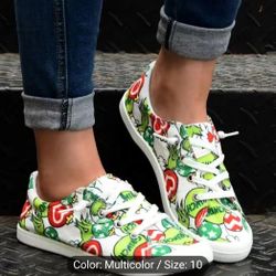 Christmas Decorations Fashion Shoes for Women Women's Lace-Up Loafers Christmas Snowman Print Canvas