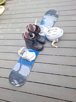 160cm wide burtonSnowboard with Bindings, Boots, and Helmet