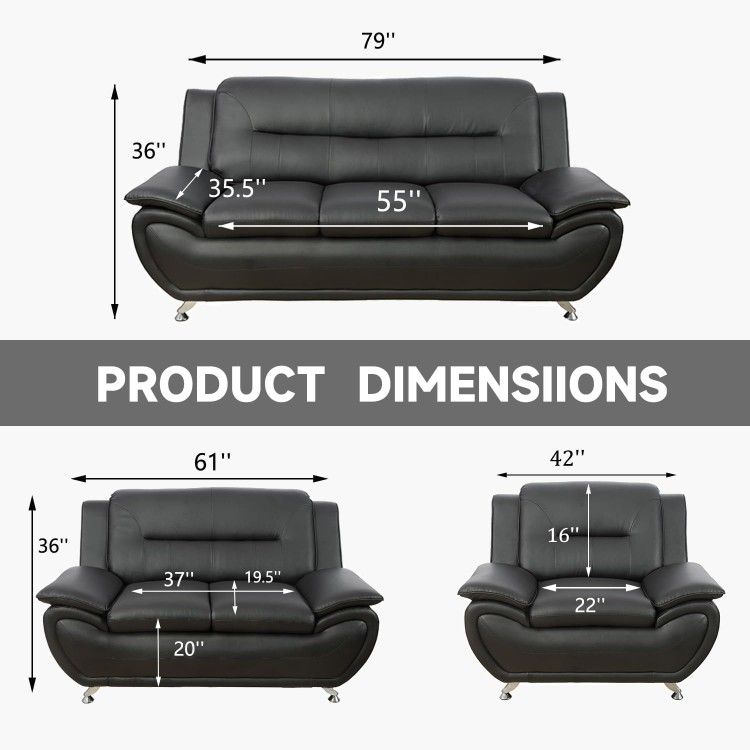 BRAND NEW OPEN BOX  BLACK FRIDAY SALE SET SOFA 3 PCS BLACK LEATHER WHOLESALE 