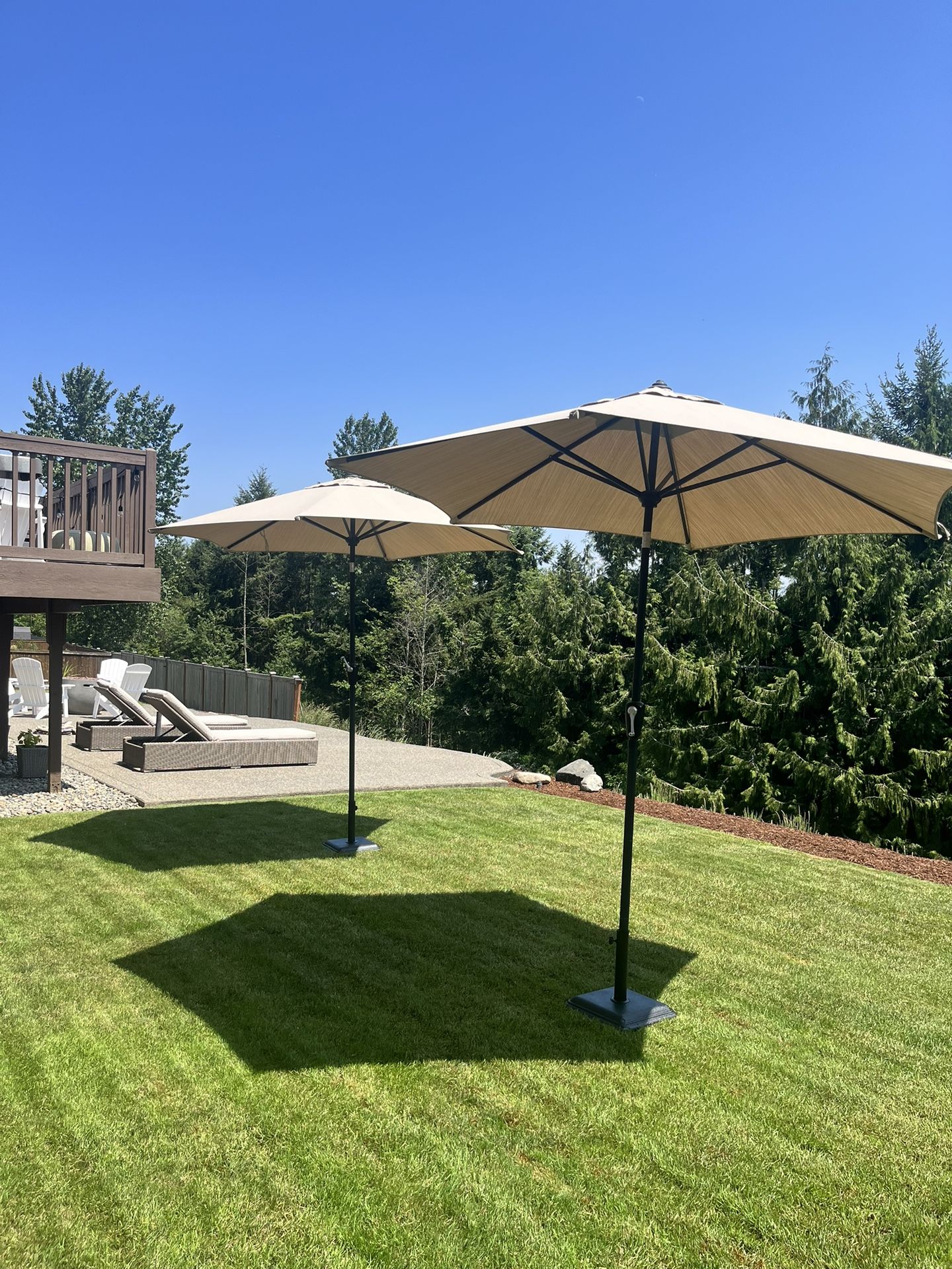 Two Like New Target Threshold Matching Outdoor Patio Umbrellas With Storage Case And Umbrella Stands
