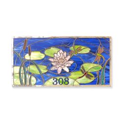Custom House No. 308 Fireflies & Lilypads 28" x 14" Stained Glass Transom Window