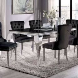 7 Pc Black Chrome Glass Dining Table Set Brand New In Box