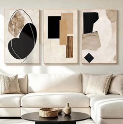 Neutral Abstract Wall Art Framed Canvas Painting, Minimalist Modern Artwork for Living Room Bedroom Bathroom Office Hallway Stairs 16x24 Inch 3 Panel