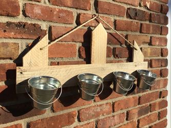 RECLAIMED WOOD 4 METAL TIN HERB FLOWER BUCKET POT PLANTER RUSTIC DECOR WALL HANGING