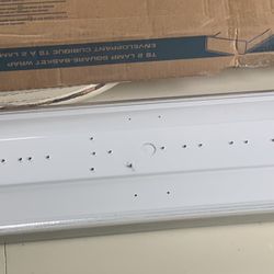 Lithonia Lighting T8 2 Lamp Square-basket Wrap Light   It has a small chip as shown in the photo.  I don’t have the ability to test it. It requires a 