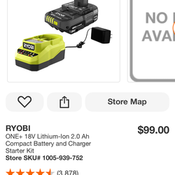 Brand New Ryobi ONE+ 18V 2.0Ah Battery & Charger Kit