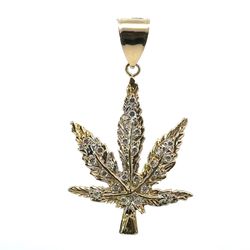 Men’s 14k Yellow Gold Pot Cannabis Leaf White Stone Charm Pendant For Necklace GP3124377