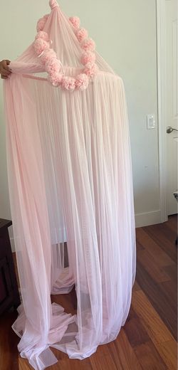 Pink Bed Curtain with PomPoms / Room Decor