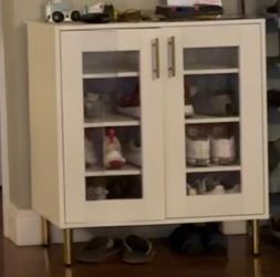 Modern White Shoe Cabinet with Glass Doors & Gold Legs