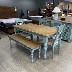 French Blue Solid Wood  Rectangle Dining 6 Piece Set 