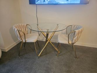 Like New Mercer41 Glass Dining Table Set - Gold & Beige - Modern Luxury
