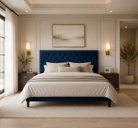 King Bed Frame, Upholstered Platform Bed, Adjustable Vertical Channel Tufted Headboard, Corduroy Fabric, Modern Low Profile, Wooden Slats, No Box Spri