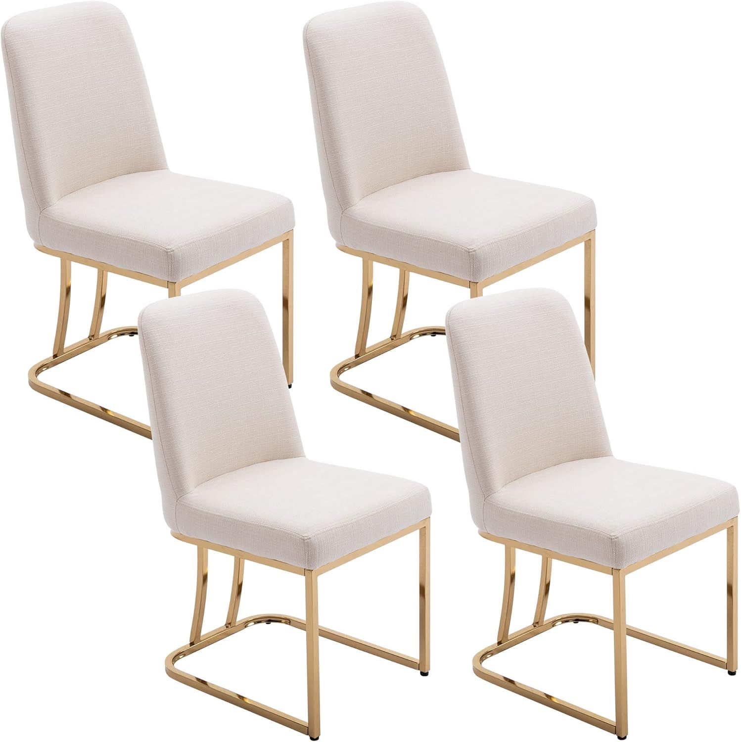 Linen Upholstered Dining Chairs with Back, Mid Century Modern Dining Chairs with Gold Metal Frame for Dining Room, Restaurant, Kitchen, Set of 4, Crea
