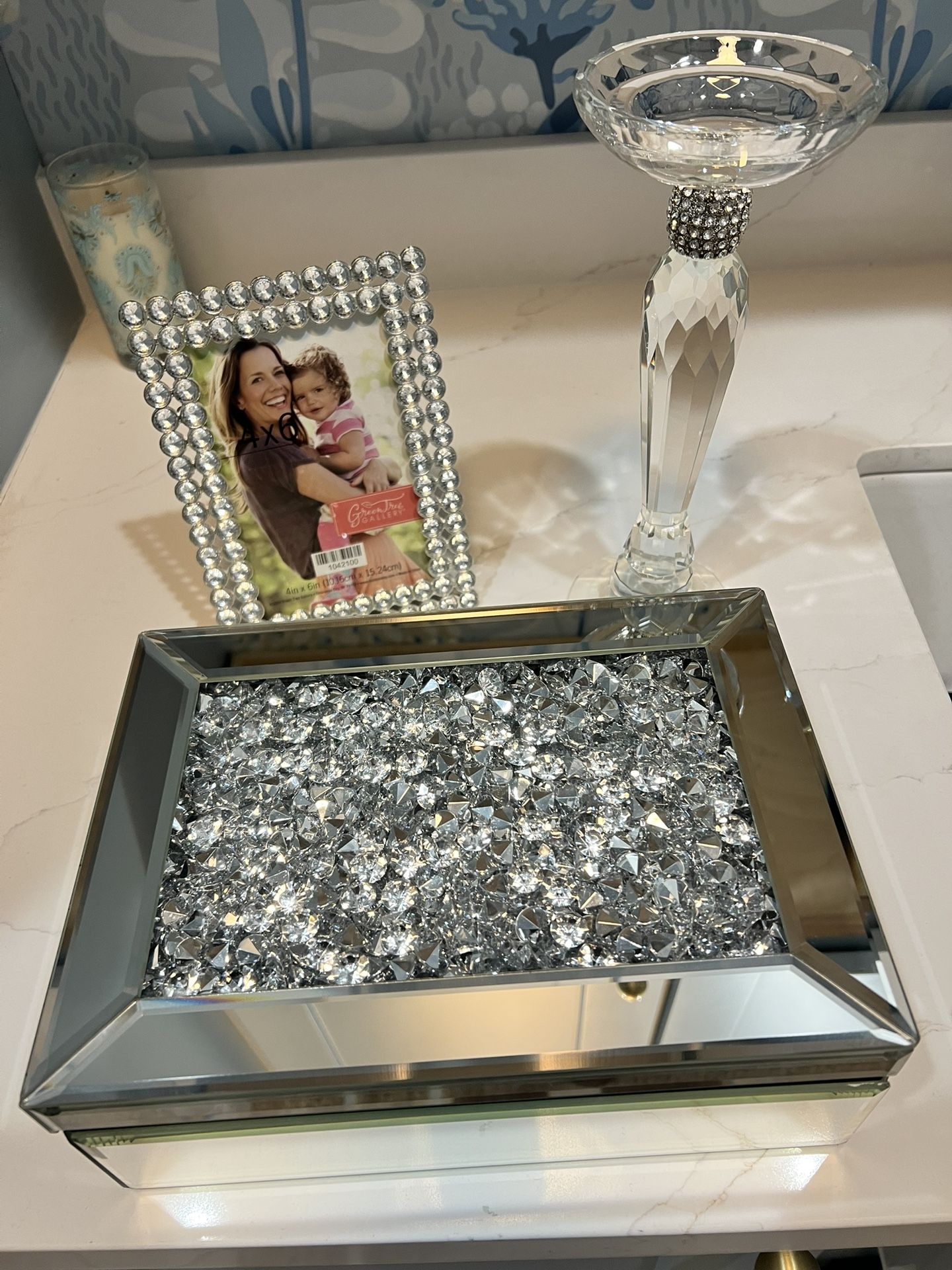 Mirrored Jewelry Box, Frame And Candle Holder