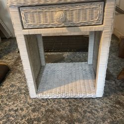 White Wicker Side Table with Drawer