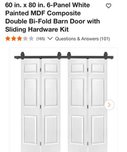 60 in. x 80 in. 6-Panel White Painted MDF Composite Double Bi-Fold Barn Door with Sliding Hardware Kit