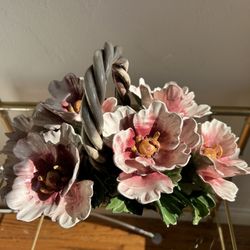 Vintage Nuova Capodimonte Porcelain Flower Basket Roses Handpainted Signed Italy Made Centerpiece Porcelain Sculptural Handcrafted Italian Flowers 