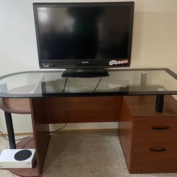 Glasstop Desk With Shelves And Two Drawers
