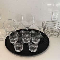 Crate and Barrel glassware: Schott Zwiesel wine glasses, martini, tilt bowls