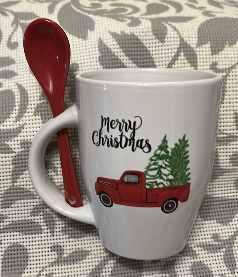 Christmas Mug with Spoon, Red Truck with Christmas Trees Design