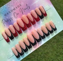 Long and medium square press on nails black red French tip