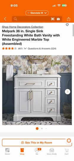 Shop Home Decorators Collection Melpark 36 in. Single Sink Freestanding White Bath Vanity with White Engineered Marble Top (Assembled)